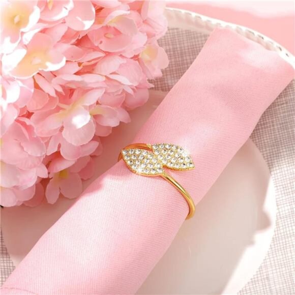 100 Pcs Napkin Rings Set Gold Bling Napkin Rings Metal Leaves Rhinestone Guest - Picture 2 of 7